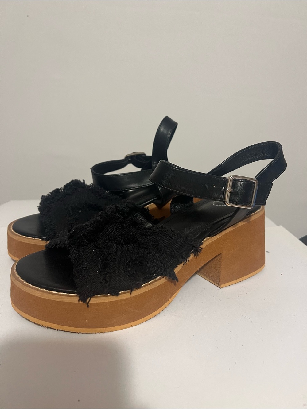 Black Fabric Strap Platform Sandals with Brown Wood-Effect Heel